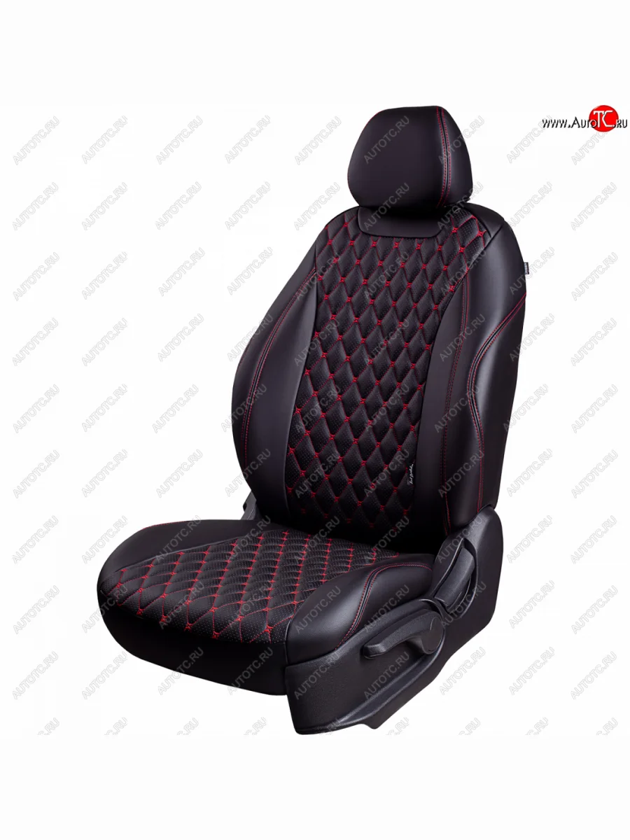 Чехлы для сидений Lord Autofashion Байрон (экокожа, сиденья и спинка 60/40, 3 Г-образных подголовника) Hyundai I30 2 GD дорестайлинг универсал (2011-2015) (Черный, вставка черная, строчка красная)  в Перми Пермском крае