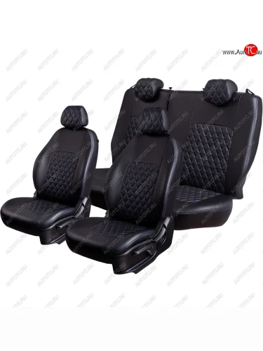 Чехлы для сидений Lord Autofashion Турин Ромб (экокожа, 60/40, 2 П- и 1 Г-образных подголовника) (Черный, вставка черная, строчка синяя) Nissan Terrano  D10 (2016-2022) рестайлинг