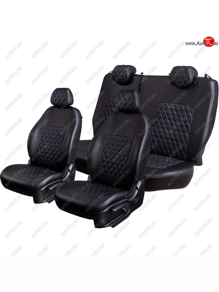 Чехлы для сидений Lord Autofashion Турин Ромб (экокожа, 60/40, 2 П- и 1 Г-образных подголовника)  Nissan Terrano (2016-2022) D10 (Черный, вставка черная, строчка синяя)  В Кинешме Ивановской области