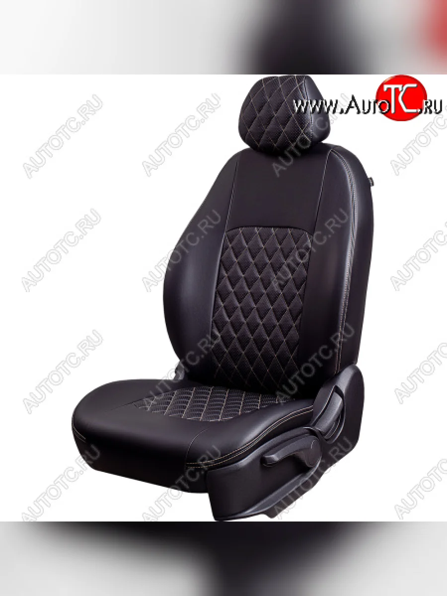 Чехлы для сидений Lord Autofashion Турин Ромб (экокожа, спинка 60/40+подлокотник, 3 Г-образных подголовника)  Skoda Rapid (2012-2020), Volkswagen Polo (2020-2022) (Черный, вставка черная, строчка бежевая)  в Самаре Самарской области