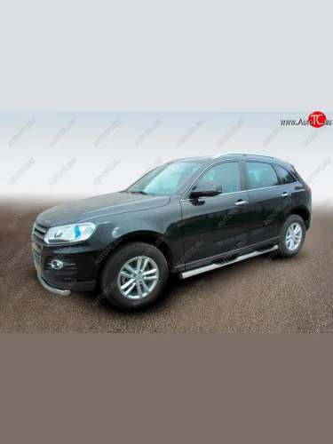 Защита порогов Slitkoff (Ø76 мм, с проступями) (Сталь полимерным покрытием в цвет: серебристый) Zotye T600 (2014-2021)