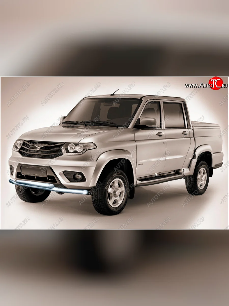 Защита переднего бампера Slitkoff (Ø57 и 57 мм) Уаз Патриот 23632 1 рестайлинг пикап (2014-2016) (Сталь полимерным покрытием в цвет: серебристый)  с доставкой в г. Керчь