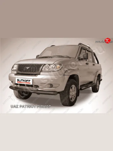 Защита переднего бампера Slitkoff (Ø76 и 57 мм) (Сталь с полимерным покрытием в цвет: черный) Уаз Патриот 23632 дорестайлинг пикап (2008-2014)