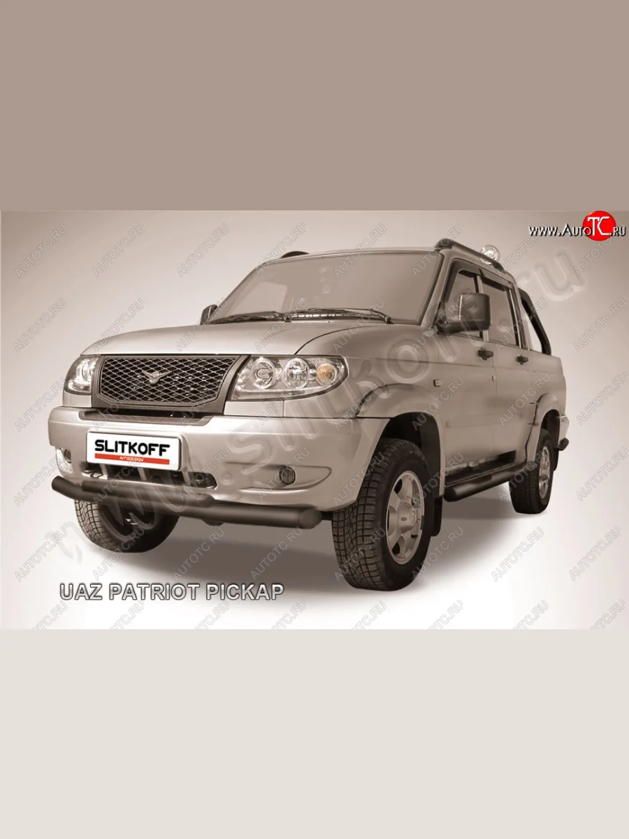 Защита переднего бампера Slitkoff (Ø76 и 57 мм) Уаз Патриот 23632 дорестайлинг пикап (2008-2014) (Сталь с полимерным покрытием в цвет: черный)  в Керчи Республика Крым