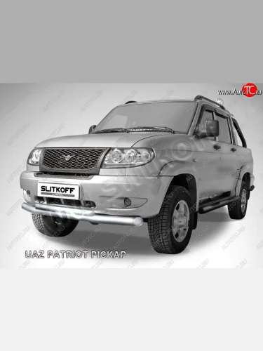 Защита переднего бампера Slitkoff (Ø76 и 57 мм) (Сталь с полимерным покрытием в цвет: серебристый) Уаз Патриот 23632 дорестайлинг пикап (2008-2014)