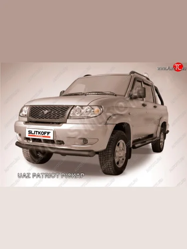 Защита переднего бампера Slitkoff (Ø76 мм) (Сталь с полимерным покрытием в цвет: черный) Уаз Патриот 23632 дорестайлинг пикап (2008-2014)
