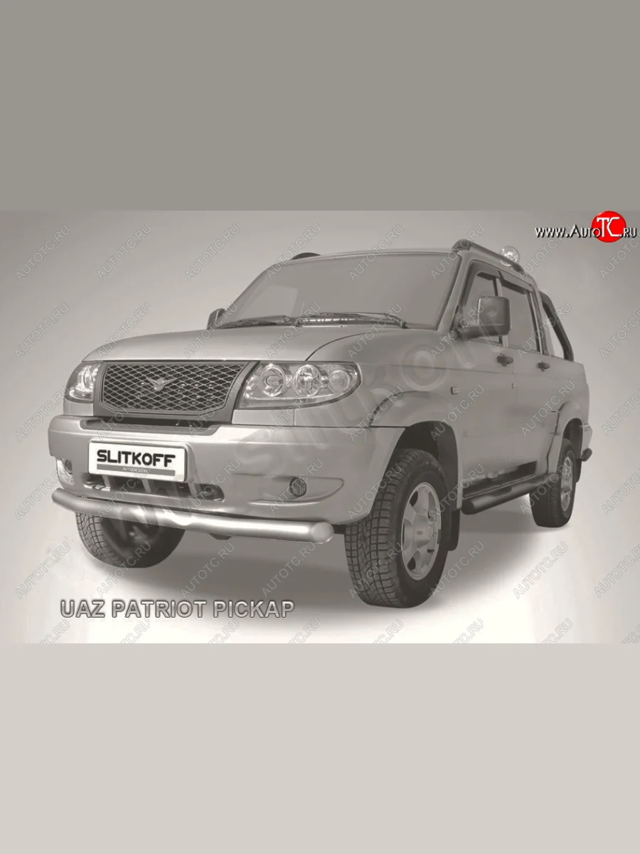 Защита переднего бампера Slitkoff (Ø76 мм) Уаз Патриот 23632 дорестайлинг пикап (2008-2014) (Сталь с полимерным покрытием в цвет: серебристый)  в Керчи Республика Крым
