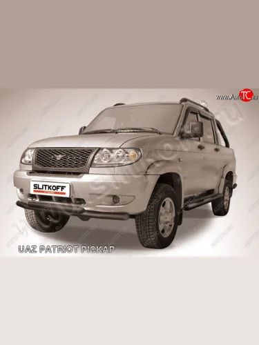 Защита переднего бампера Slitkoff (Ø57 и 57 мм, волна) (Сталь с полимерным покрытием в цвет: черный) Уаз Патриот  23632 (2008-2014) дорестайлинг пикап