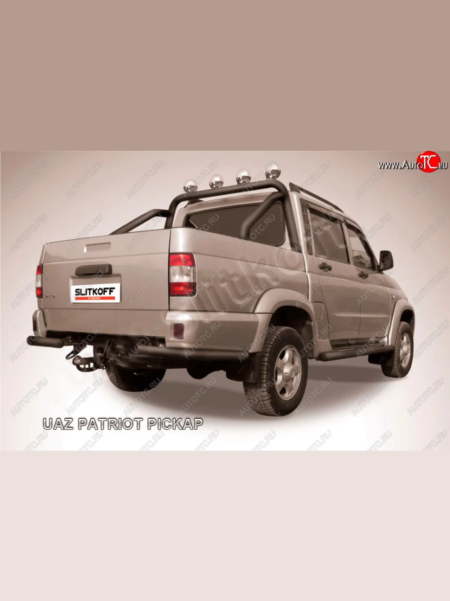 Защита заднего бампера Slitkoff (Ø57 мм, уголки) Уаз Патриот 23632 дорестайлинг пикап (2008-2014) (Сталь с полимерным покрытием в цвет: черный)  в Перми Пермском крае