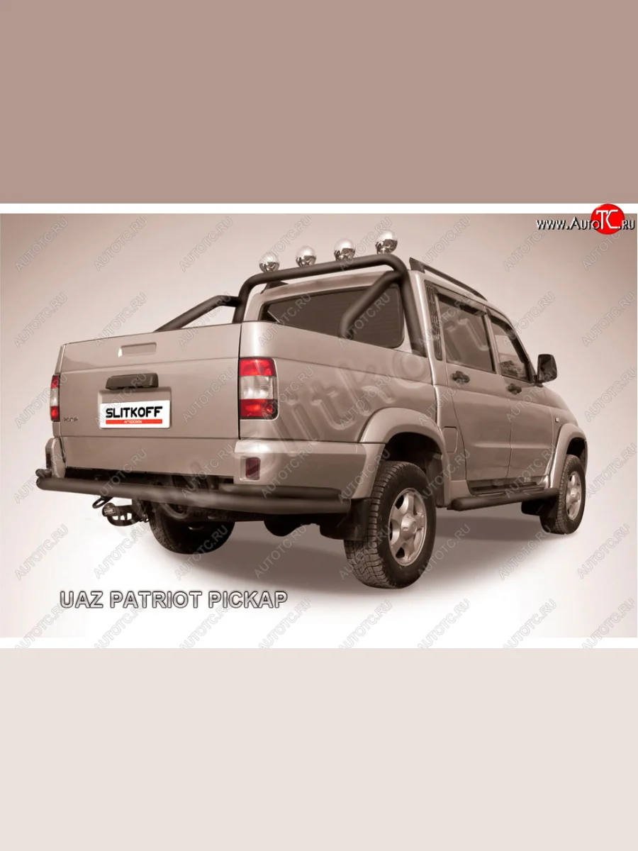 Защита заднего бампера Slitkoff (Ø76 и 42 мм) Уаз Патриот 23632 дорестайлинг пикап (2008-2014) (Сталь с полимерным покрытием в цвет: черный)  в Керчи Республика Крым