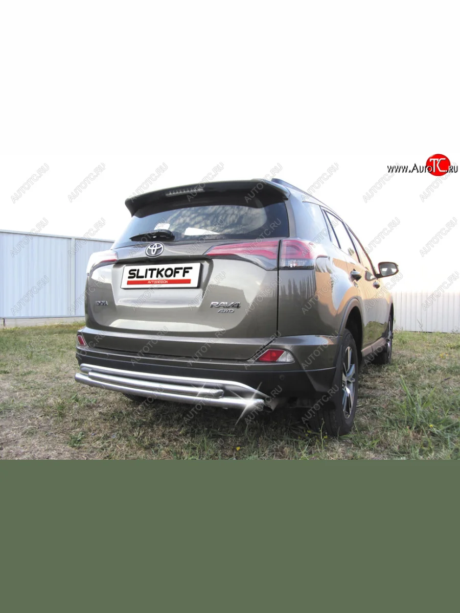 Защита заднего бампера Slitkoff (Ø57 и 42 мм, радиусная)  Toyota RAV4 (2015-2019) XA40 (Нержавейка полированная)  в Самаре Самарской области