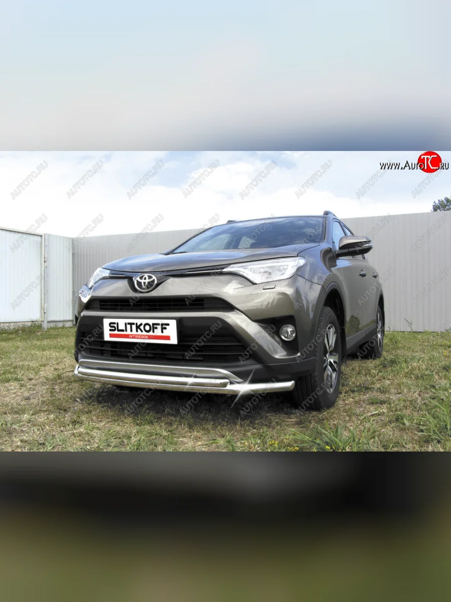 Защита переднего бампера Slitkoff (Ø57 и 42 мм)  Toyota RAV4 (2015-2019) XA40 (Нержавейка полированная)  в Воронеже Воронежской области