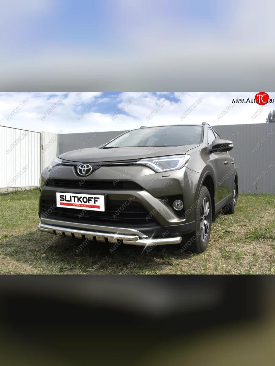 Защита переднего бампера Slitkoff (Ø57 и 42 мм, с декоративными элементами)  Toyota RAV4 (2015-2019) XA40 (Нержавейка)  в Перми Пермском крае