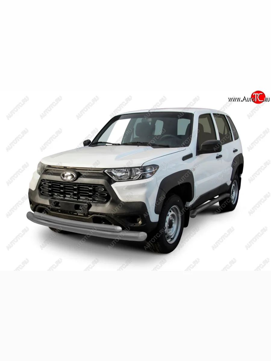 Защита переднего бампера Slitkoff (Ø 76 и 57 мм). Лада ВАЗ Нива Трэвел (212300-80) (2021-2025) (Сталь полимерным покрытием в цвет: серебристый)  в Перми Пермском крае