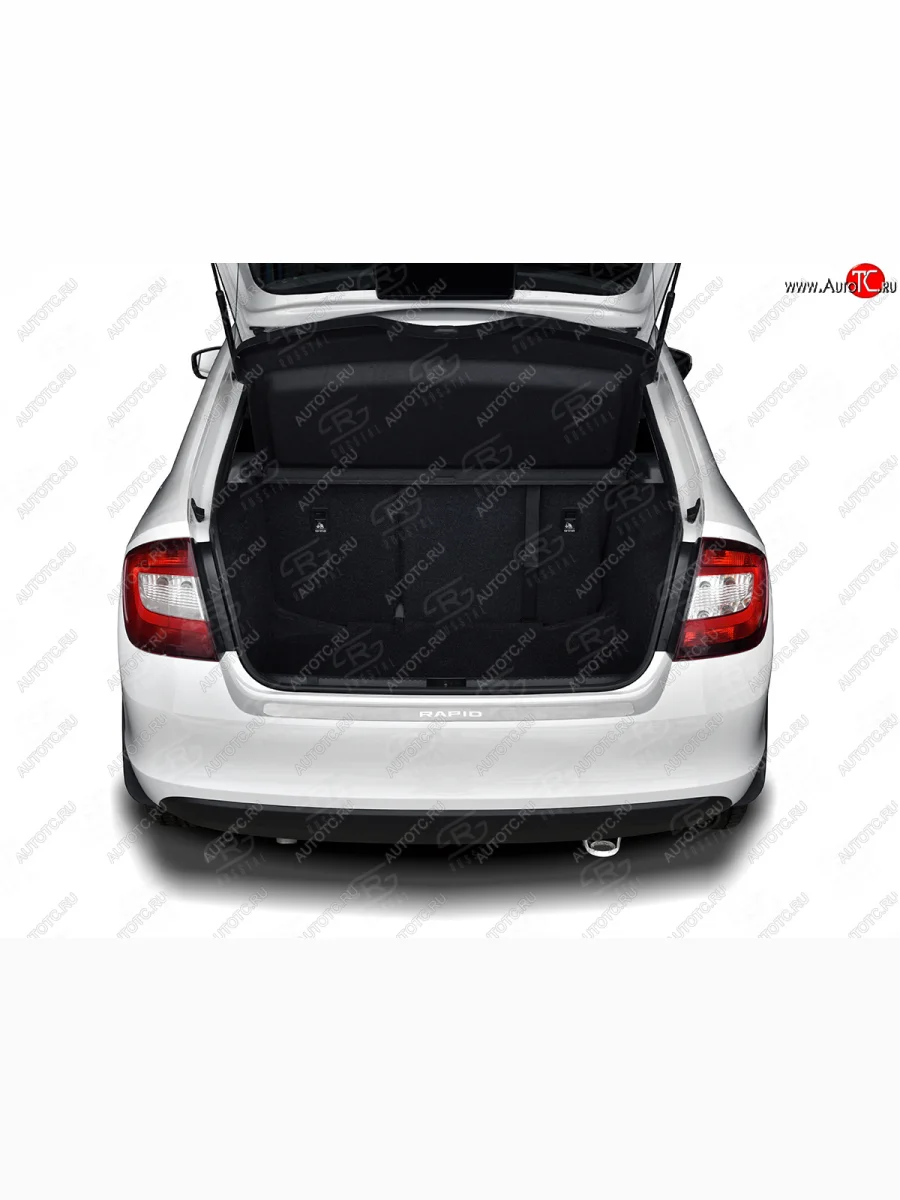 Защитная накладка заднего бампера на Russtal Skoda Rapid NH3 рестайлинг лифтбэк (2017-2020) (Нержавейка шлифованная с надписью)  в Керчи Республика Крым