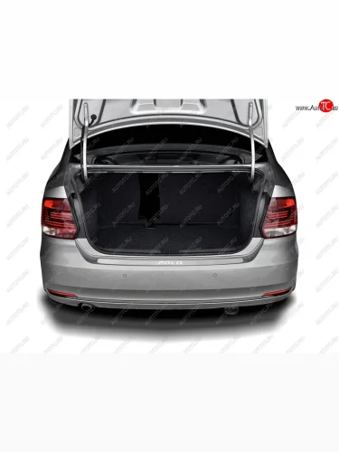 Защитная накладка заднего бампера Russtal (Нержавейка шлифованная с надписью) Volkswagen Polo Mk5 6R,6C,61 седан рестайлинг (2015-2020)