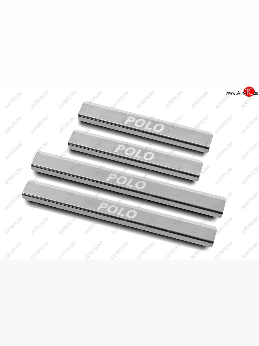 Накладки порожков салона Russtal Volkswagen Polo Mk5 6R,6C,61 седан рестайлинг (2015-2020) (Нержавейка шлифованная с надписью)  в Перми Пермском крае
