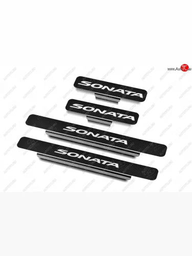 Накладки порожков салона Russtal (Нержавейка с покрытием карбон, с надписью) Hyundai Sonata DN8 (2019-2022)