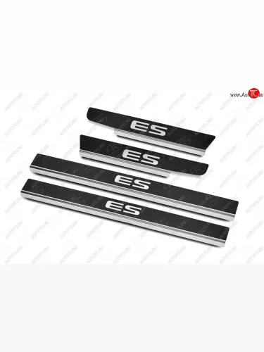 Накладки порожков салона Russtal (Нержавейка с покрытием карбон, с надписью) Lexus ES350 XV70 дорестайлинг (2018-2021)