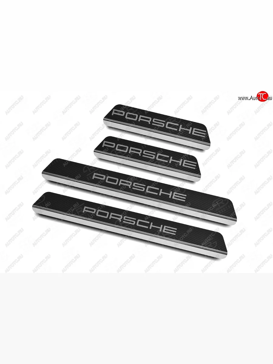 Накладки порожков салона Russtal Porsche Cayenne PO536 (2018-2025) (Нержавейка с покрытием карбон, с надписью)  в Керчи Республика Крым