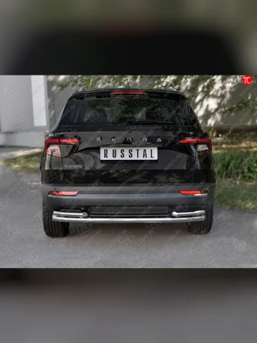 Защита заднего бампера (2 трубы Ø63 и 42 мм с углами, нержавейка) SLITKOFF Skoda Karoq  NU7 (2017-2021) дорестайлинг