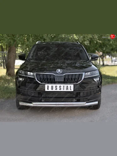 Защита переднего бампера (2 трубы Ø63 и 42 мм, нержавейка) SLITKOFF Skoda Karoq  NU7 (2017-2021) дорестайлинг