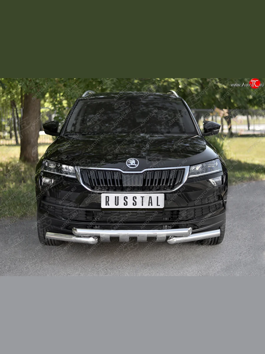 Защита переднего бампера (2 трубы Ø63 мм, нержавейка) SLITKOFF Skoda Karoq NU7 дорестайлинг (2017-2021)  в Самаре Самарской области