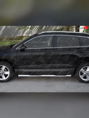 Защита порогов на SLITKOFF труба d76 с накладкой (защита порогов со скосами на торцах) Skoda Karoq  NU7 (2017-2025) дорестайлинг, рестайлинг