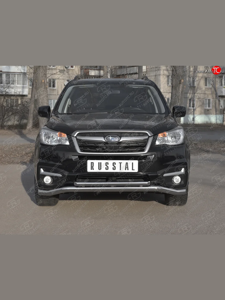Защита переднего бампера (2 трубы Ø63 и 42 мм, нержавейка) SLITKOFF Subaru Forester SJ рестайлинг (2016-2019)  в Воронеже Воронежской области