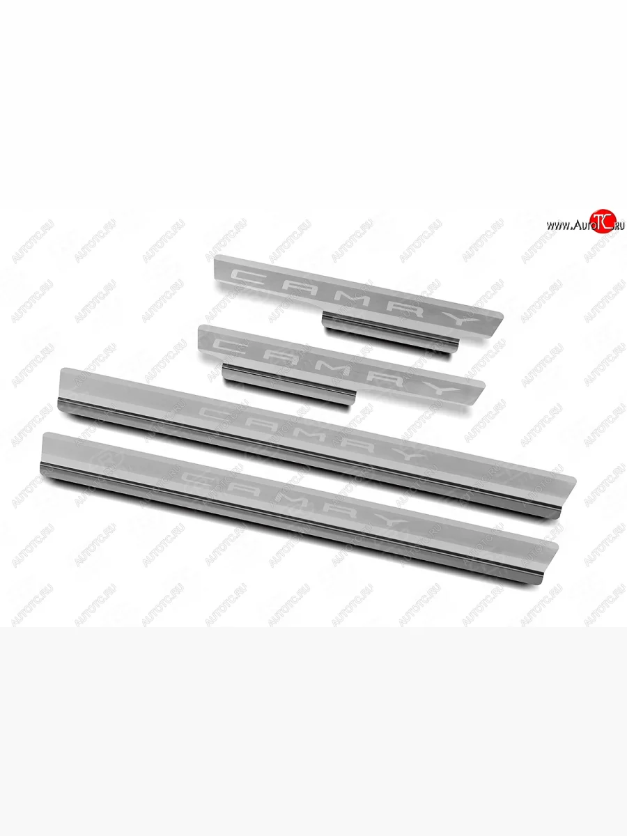 Накладки порожков салона Russtal Toyota Camry XV70 дорестайлинг (2017-2021) (нержавейка шлифованная с надписью)  в Перми Пермском крае