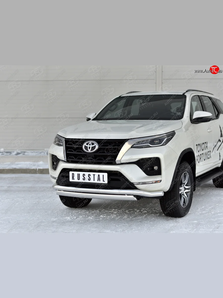 Защита переднего бампера (2 трубы Ø63 и 75х42 мм, нержавейка) Russtal Toyota Fortuner AN160 рестайлинг (2020-2025)  в Перми Пермском крае