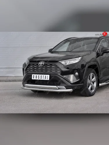 Защита переднего бампера (2 трубы Ø63 и 75х42 мм, нержавейка) Russtal Toyota RAV4 XA50 5 дв. дорестайлинг (2018-2025)