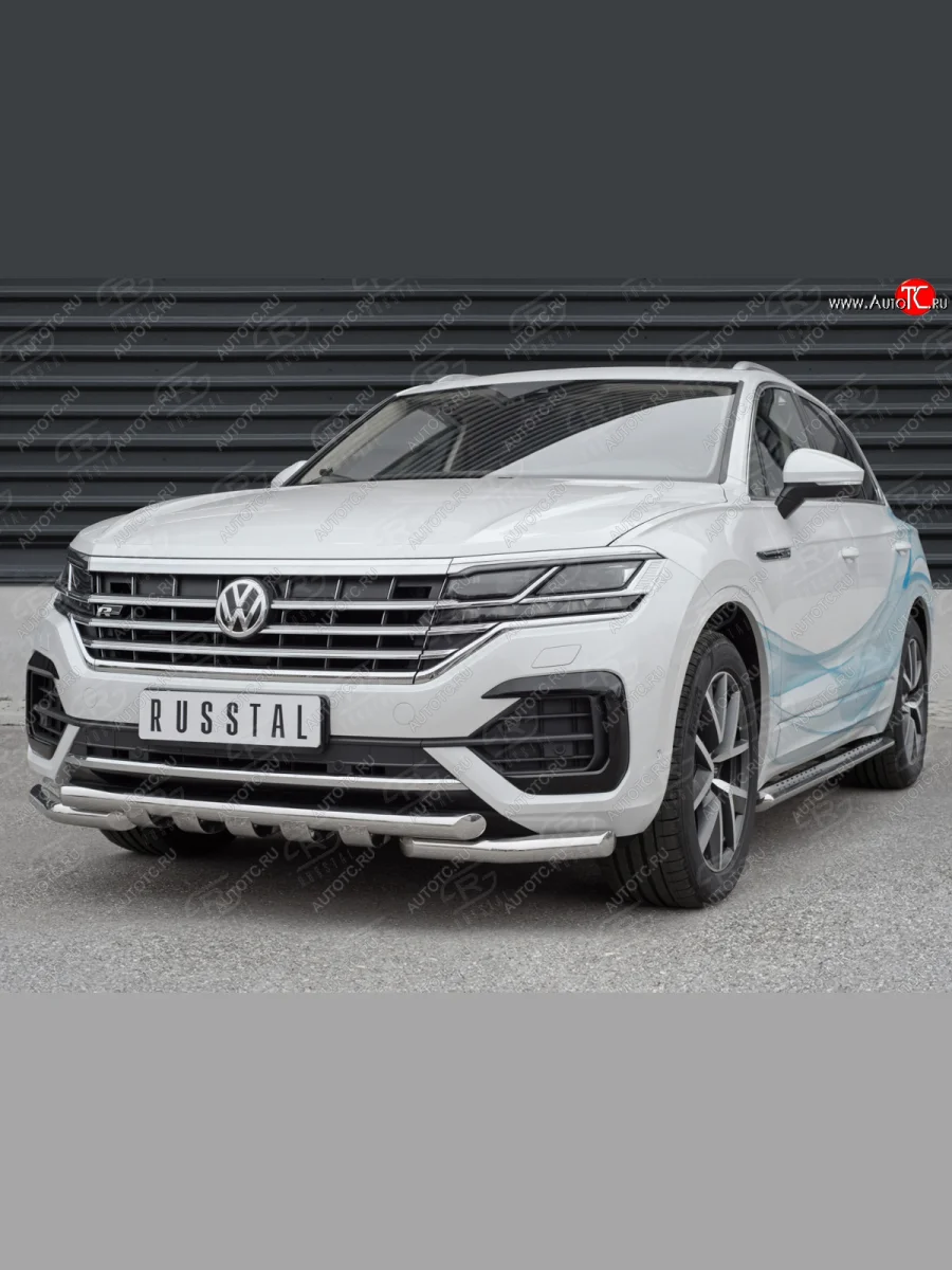 Защита переднего бампера (2 трубы Ø63 с клыками, нержавейка not 2.0 tsi) SLITKOFF  Volkswagen Touareg (2018-2022) 3 CR  в Воронеже Воронежской области