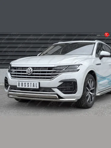 Защита переднего бампера (2 трубы Ø63 и 75х42 мм, нержавейка) SLITKOFF Volkswagen Touareg  3 CR (2018-2022) дорестайлинг