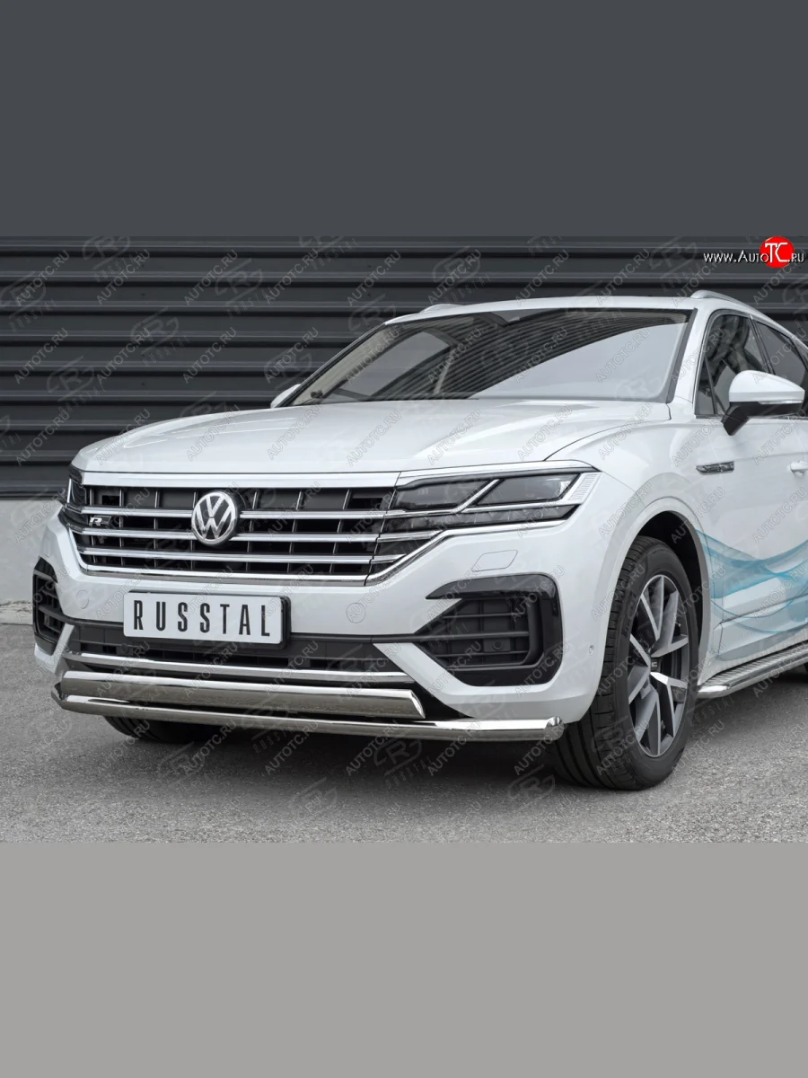 Защита переднего бампера (2 трубы Ø63 и 75х42 мм, нержавейка) SLITKOFF Volkswagen Touareg 3 CR дорестайлинг (2018-2022)  в Самаре Самарской области
