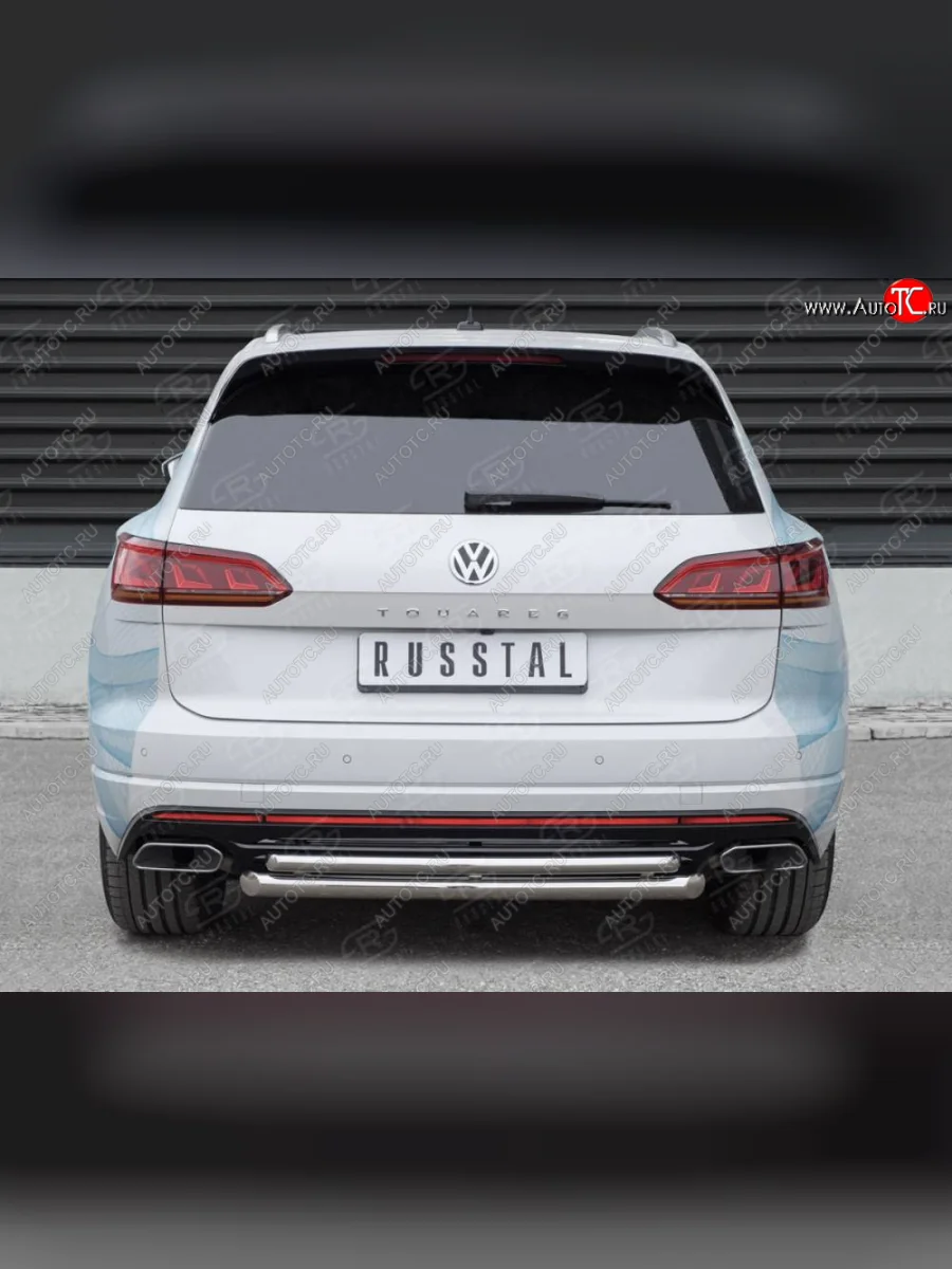 Защита заднего бампера (2 трубы Ø63 и 42 мм, нержавейка) SLITKOFF  Volkswagen Touareg (2018-2022) 3 CR  в Воронеже Воронежской области