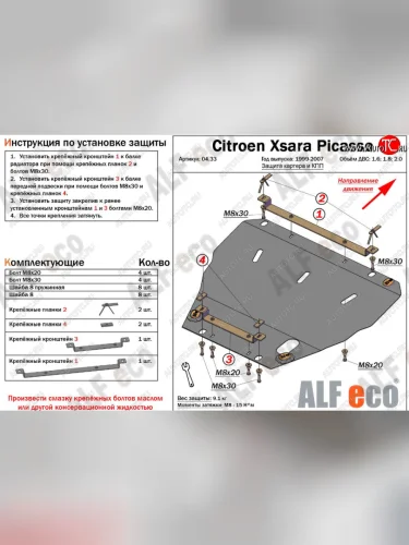 Защита картера двигателя и КПП (V-1.6; 1.8; 2.0) Alfeco (Алюминий 3 мм) CITROEN Xsara picasso (1999-2012)