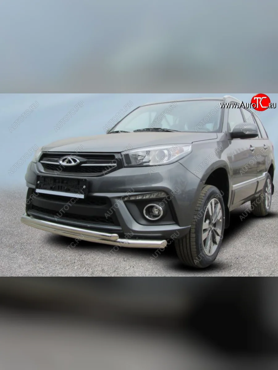 Защита переднего бампера Slitkoff (Ø 57 и 42 мм). Chery Tiggo 3 (2014-2020) (Полированная нержавеющая сталь)  с доставкой в г. Керчь