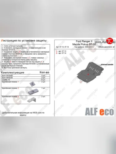 Защита картера двигателя ALFECO (Алюминий 3 мм) Ford Ranger рестайлинг (2009-2011)