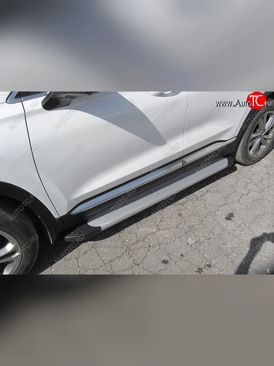 Пороги алюминиевые Slitkoff Hyundai Santa Fe TM дорестайлинг (2018-2021) (Optima Silver)  в Перми Пермском крае