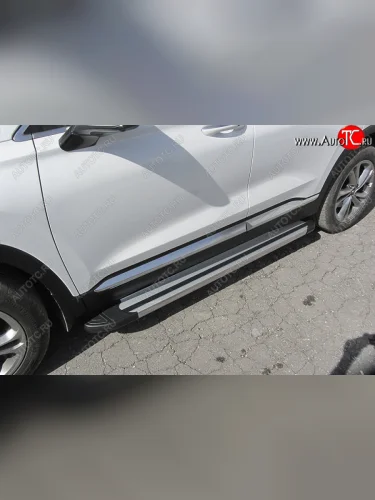 Пороги алюминиевые Slitkoff (Luxe Silver) Hyundai Santa Fe  TM (2018-2021) дорестайлинг