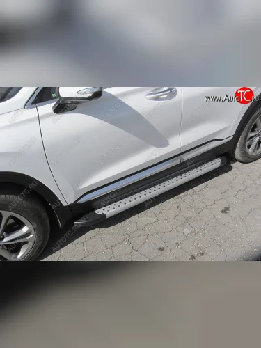Пороги алюминиевые Slitkoff (Standart Silver) Hyundai Santa Fe  TM (2018-2021) дорестайлинг