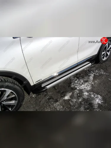 Пороги алюминиевые Slitkoff (Luxe Silver) KIA Sorento UM/Prime дорестайлинг (2014-2018)