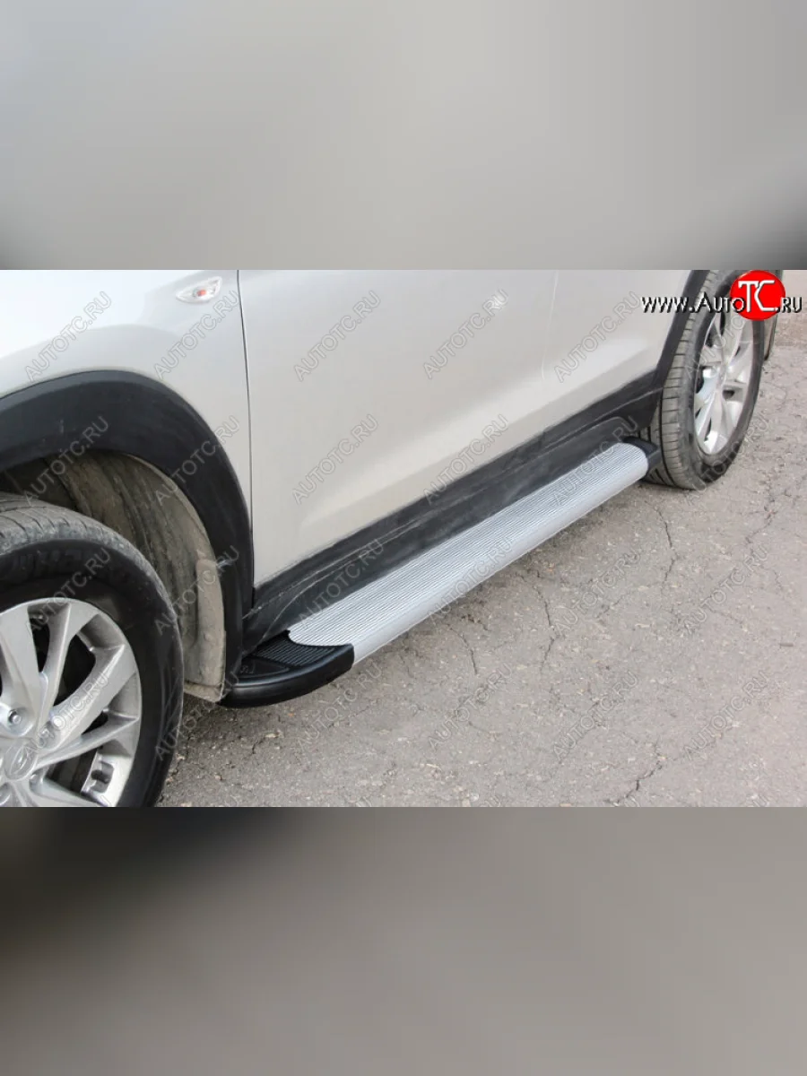 Пороги алюминиевые Slitkoff Hyundai Santa Fe CM рестайлинг (2009-2012) (Optima Silver)  в Керчи Республика Крым