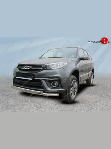 Защита переднего бампера Slitkoff (Ø 57+Ø 42) (Цвет: серебристый) Chery Tiggo 3 (2014-2020)