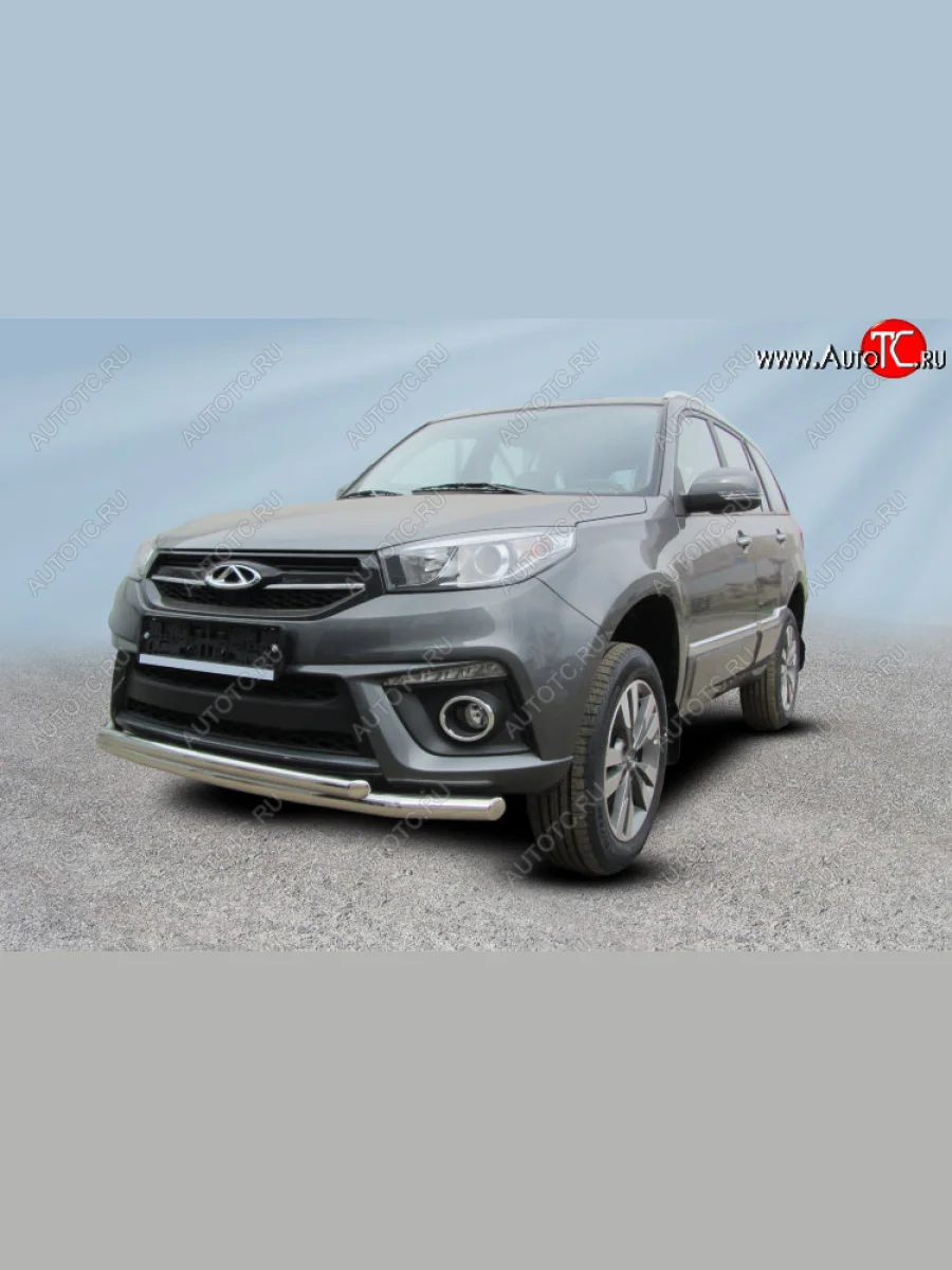 Защита переднего бампера Slitkoff (Ø 57+Ø 42) Chery Tiggo 3 (2014-2020) (Цвет: серебристый)  в Керчи Республика Крым