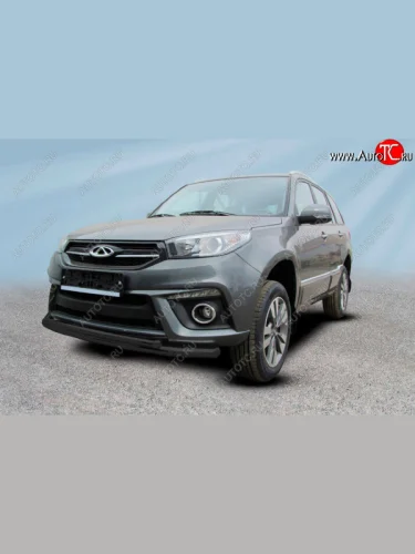 Защита переднего бампера Slitkoff (Ø 57+Ø 42) (Цвет: черный) Chery Tiggo 3 (2014-2020)