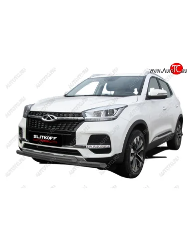 Защита переднего бампера Slitkoff (Ø 57+Ø 42) (Цвет: серебристый) Chery Tiggo 4 (2018-2023) 1-ый рестайлинг