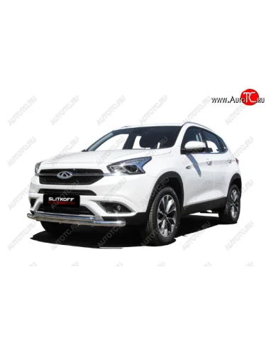 Защита переднего бампера Slitkoff (Ø 57+Ø 42). (Полированная нержавейка) Chery Tiggo 7 (2016-2020)