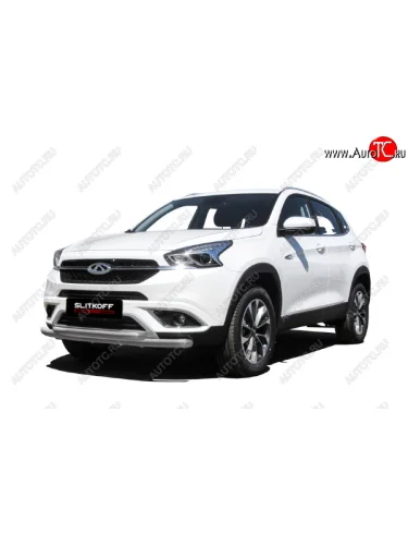 Защита переднего бампера  Slitkoff (Ø 57+Ø 42). (Цвет: серебристый) Chery Tiggo 7 (2016-2020)